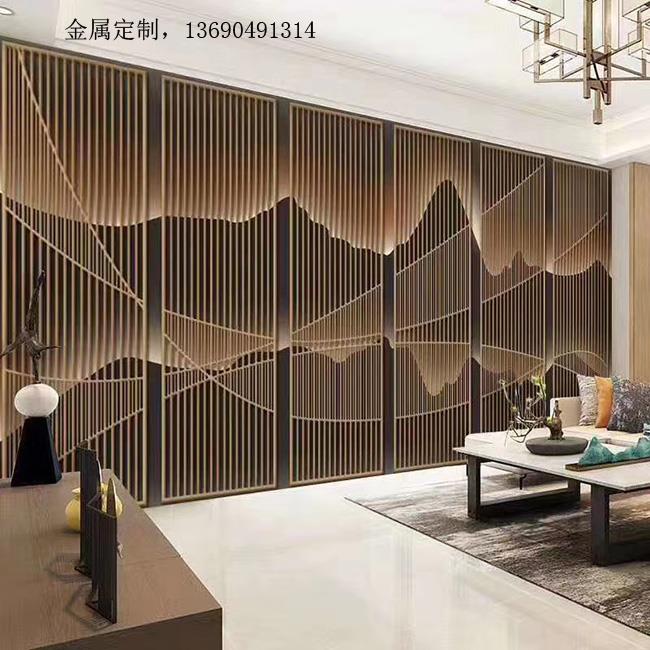 家裝金屬屏風背景墻不銹鋼花格別墅金屬玄關隔斷圖片案例