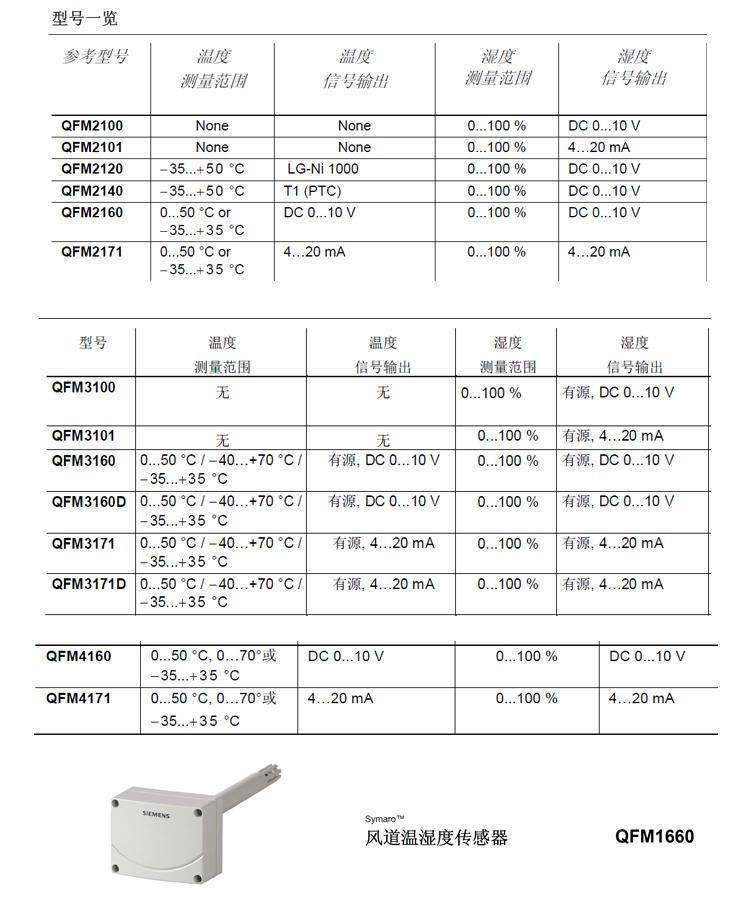 西门子QFM2160风管温湿度传感器