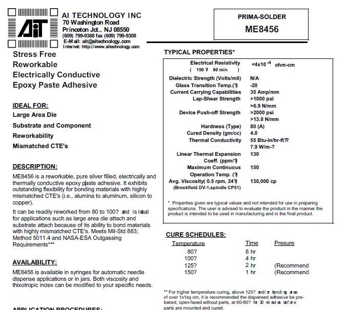 美国AIT柔性单组份环氧导电银胶芯片粘接银胶ME8456